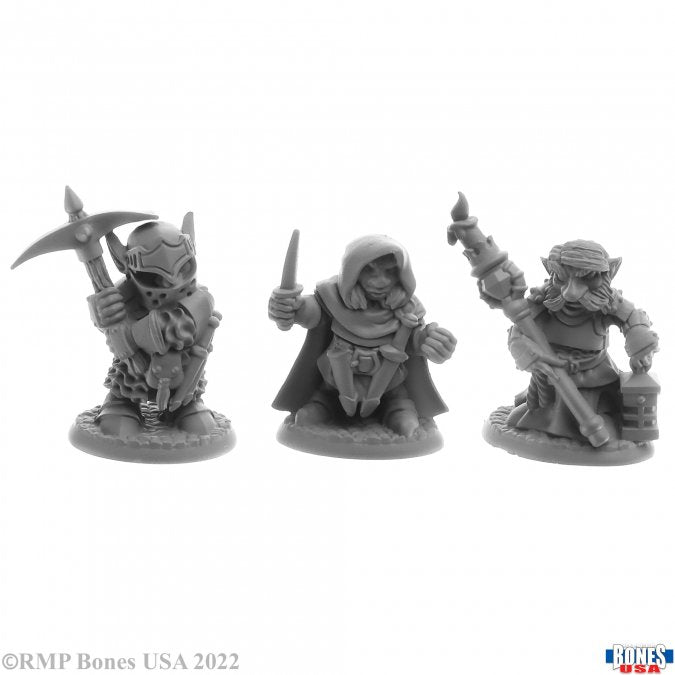 3 unpainted deep gnome miniatures