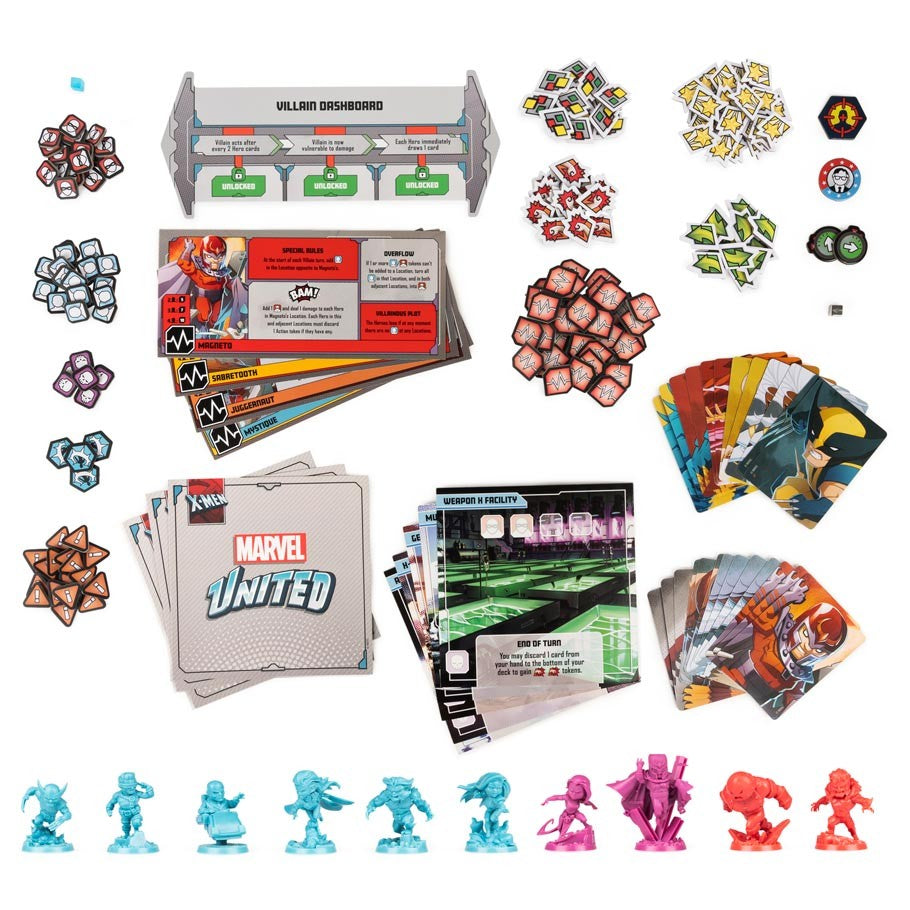 Picture of boards, cards, miniatures, and other items from X-men United