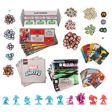 Picture of boards, cards, miniatures, and other items from X-men United