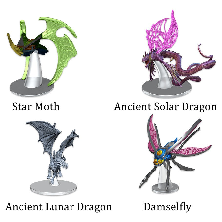 3D render of 4 miniatures: Star moth, Ancient solar dragon, Ancient lunar dragon, and Damselfly