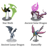 3D render of 4 miniatures: Star moth, Ancient solar dragon, Ancient lunar dragon, and Damselfly