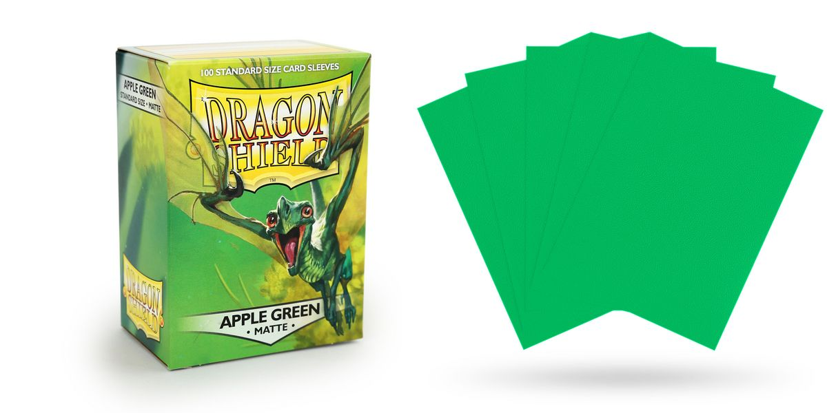 Box art and sleeve example of Matte Apple Green Dragon Shields (100)