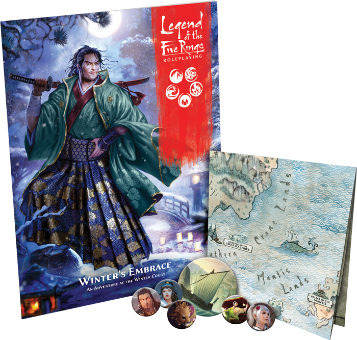 Book cover, map, and tokens from Legend of the Five Rings: Winter's Embrace