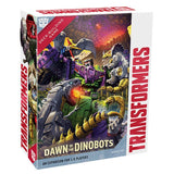 Box art of Transformers deck-building game Dawn of the Dinobots expansion