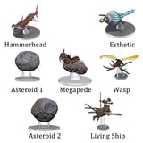 3D render of 7 miniatures: Hammerhead, Esthetic, Astroid 1, Megapede, Wasp, Astroid 2, and Living ship